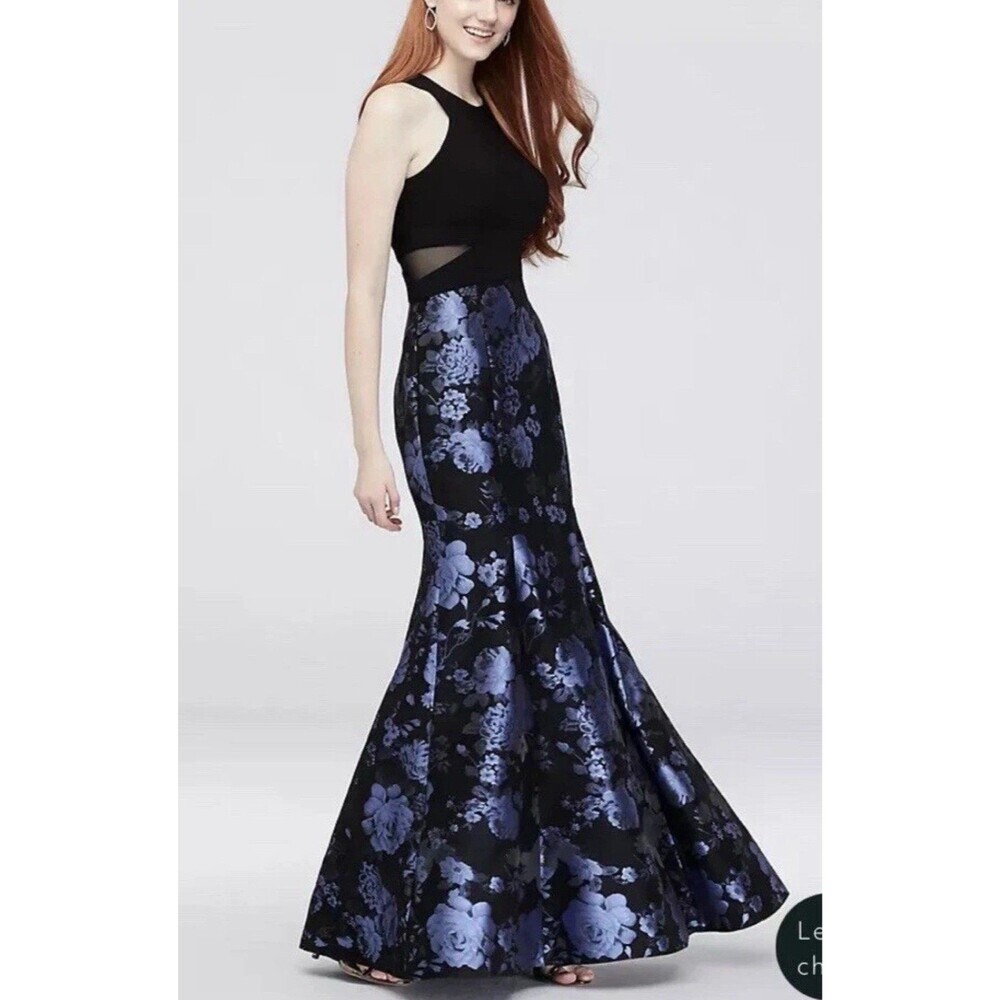 NWT Xscape Floral Mermaid Gown Jacquard Gown Women's Mesh Black Blue Size 4